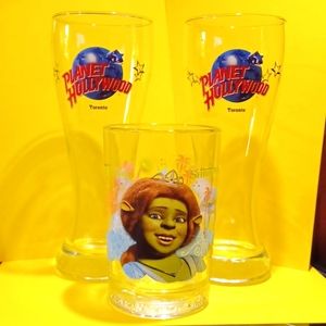3 Glassware peices, McDonald's Shrek, 2 Toronto Planet Hollywood